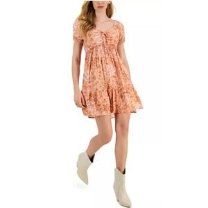 Hippie Rose V-Neck Tiered Mini Dress in Tan Floral XL NWT $39
